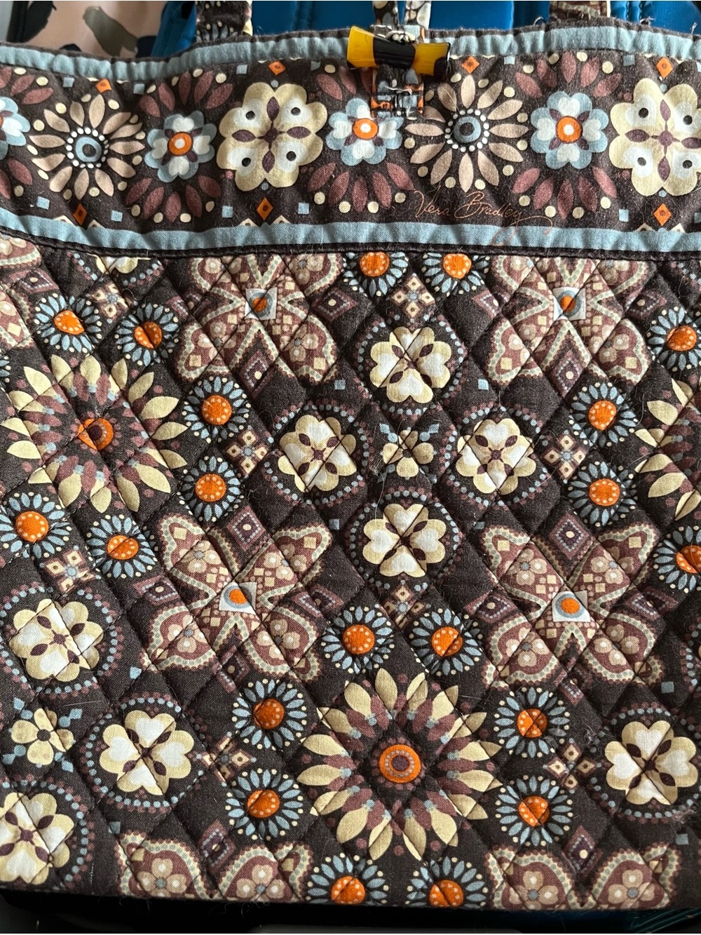 Vera Bradley Brown Floral Mosaic Quilted Tote with Orange Accents